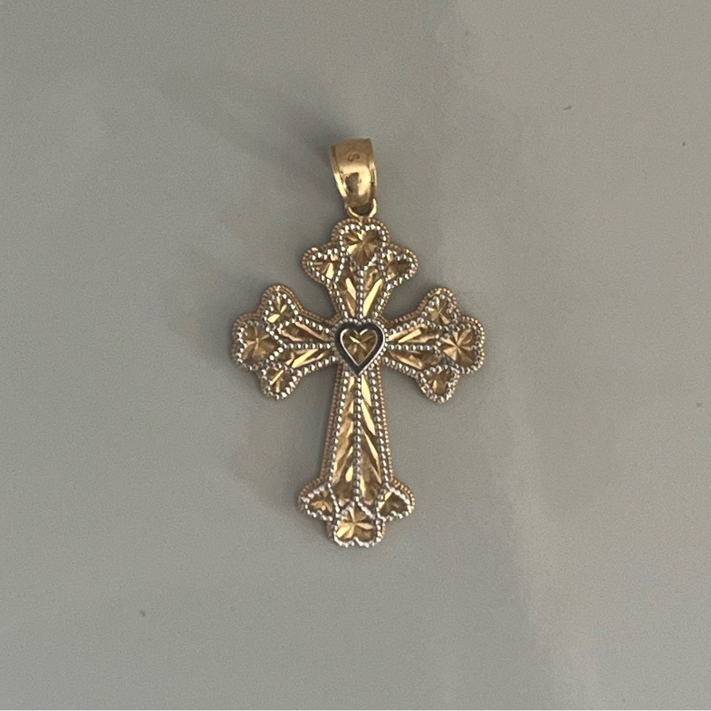 14K Two-Tone Gold Cross Heart Pendant